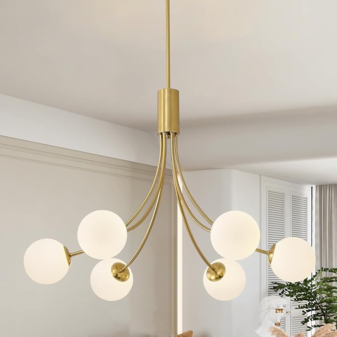Modern Mid Century Gold Chandeliers, 6-Light Glass Globe Chandeliers Hanging Sputnik Chandelier Light Fixtures for Dining Room Living Room Bedroom Kitchen Island Foyer