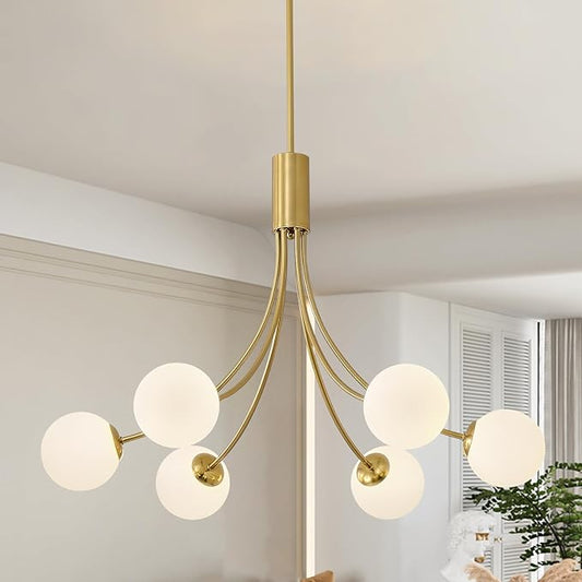 Modern Mid Century Gold Chandeliers, 6-Light Glass Globe Chandeliers Hanging Sputnik Chandelier Light Fixtures for Dining Room Living Room Bedroom Kitchen Island Foyer