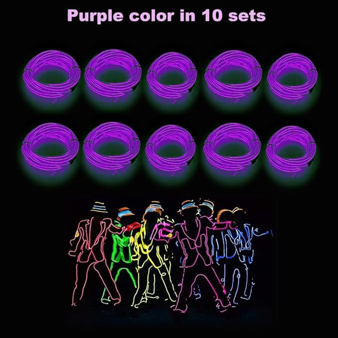 MaxLax EL Wire Purple 10-Pack, 9ft/2.75m Neon Light Wire with Noise Reduction and Battery Pack…