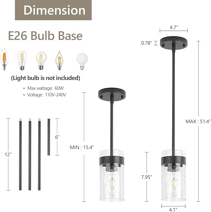 Water Ripple Glass Pendant Lights Kitchen Island Black Pendant Light Fixtures Adjustable Modern Mini Hanging Light for Sink Dining Room Foyer Entryway Bar, 1 Pack