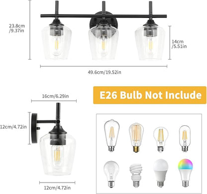 Bathroom Vanity Light Fixtures, 3-Lights Over Mirror Modern Vanity Lighting with Clear Wine Glass Shade Wall Lamp for Bedroom Hallway Living Room(Black, 3-Light)