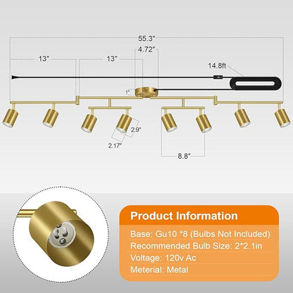 Plug in Track Lighting, LED Track Lighting Fixtures Ceiling Kit, Gold 8-Light Ceiling Light Plug-in, Wall Light with 15ft Power Cord, Rotatable Kitchen Spotlight for Bedroom(GU10 Socket, NO Bulb)