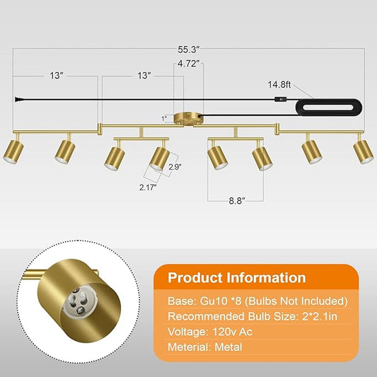 Plug in Track Lighting, LED Track Lighting Fixtures Ceiling Kit, Gold 8-Light Ceiling Light Plug-in, Wall Light with 15ft Power Cord, Rotatable Kitchen Spotlight for Bedroom(GU10 Socket, NO Bulb)