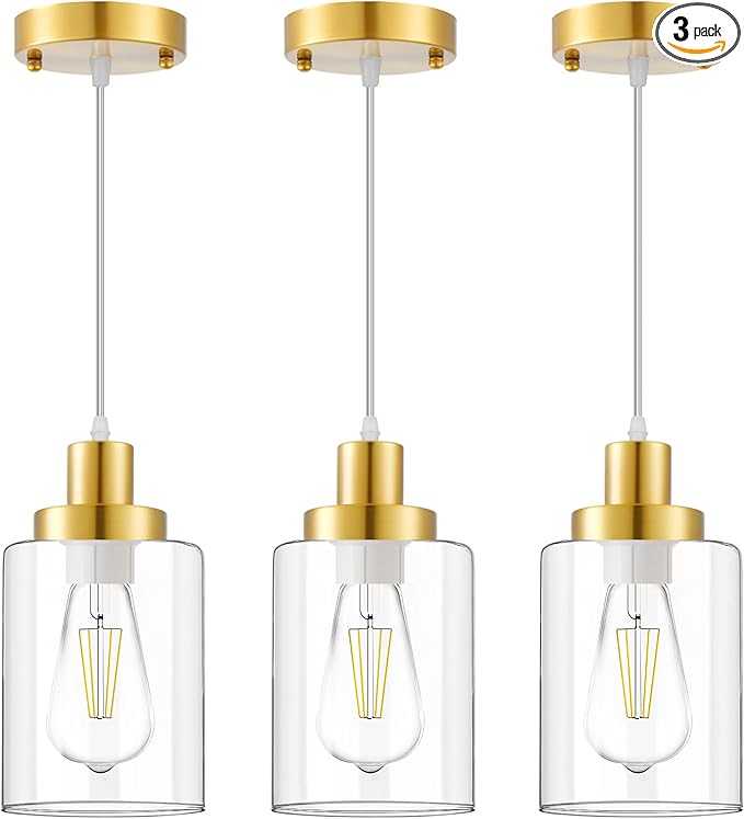 Industrial Pendant Lighting, Modern Clear Glass Shade Pendant Lights, Adjustable Hanging Light Fixtures, Farmhouse Pendant Lighting for Kitchen Island Living Room Bedroom Hallway 3-Pack (Gold)