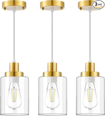 Industrial Pendant Lighting, Modern Clear Glass Shade Pendant Lights, Adjustable Hanging Light Fixtures, Farmhouse Pendant Lighting for Kitchen Island Living Room Bedroom Hallway 3-Pack (Gold)