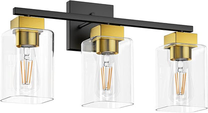 Black and Brushed Gold Bathroom Vanity Light, 3-Light Vanity Lighting fixtures Over Mirror, Square Design & UL Certification, Wall Sconces with Clear Glass Shades, E26 Socket (Bulbs Not Included)