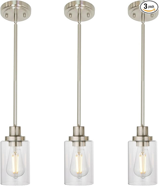MELUCEE 3 Pack Kitchen Island Pendant Lighting Adjustable Hanging Ceiling Lamp Brushed Nickel Finish with Clear Glass Shade for Bar Dining Room Corridor Living Room Bedside