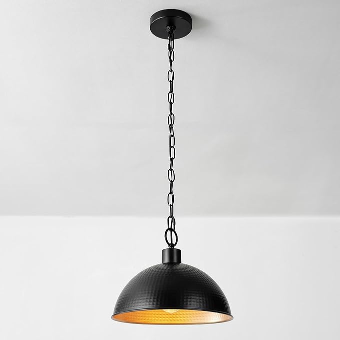 GLOBE Electric 67000100 1-Light Pendant Light Fixture, Weathered Black Finish, Hammered Metal Shade, Gold Interior, Living Room Pendant Light, Dining Room Fixture, Hanging Lights for Bedroom