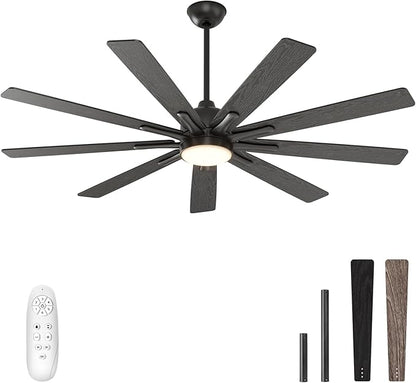 warmiplanet Ceiling Fans with Lights and Remote Control, 62-Inch, Reversible Silent DC Motor, 6 Speeds, 3 Color Dimmable LED Light, Timer, Black, 9-Blades