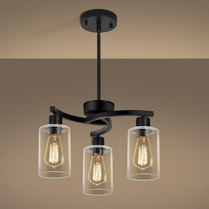CNRATYE 3-Light Modern Farmhouse Black Pendant Lights Kitchen Island, Adjustable Height Contemporary Chandeliers for Dining Room Light Fixture Hanging, Clear Glass Shade