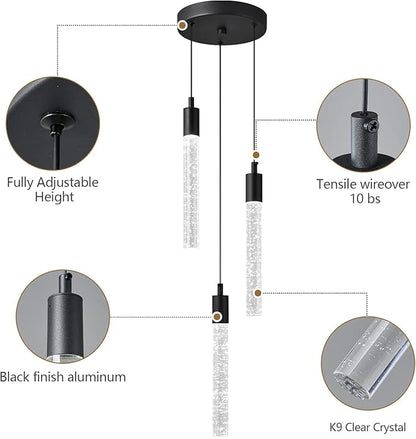 Modern Light Fixture Kitchen Island Pendant Light Dimmable LED Black Pendant Lights Mini Crystal Pendant Lighting for Bedroom Dining Room Living Room（3-Light ）