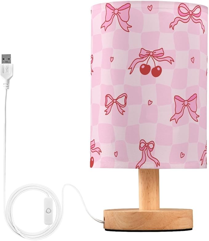 Bedside Table Lamp Pink Bow Cherry Checkered Nightstand Lamp with Wood Desk Lamps for Bedroom Living Room Nursery Office Home Decor