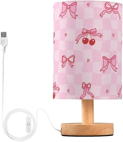 Bedside Table Lamp Pink Bow Cherry Checkered Nightstand Lamp with Wood Desk Lamps for Bedroom Living Room Nursery Office Home Decor