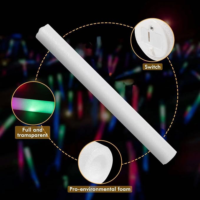 SHQDD 100 Pack LED Glow Sticks for Wedding, Bulk Foam Glow Sticks with 3 Modes Colorful Flashing, Glow Stick Bulk Party Pack for Wedding, Raves, Concert,Camping, Sporting Events, Pool Party