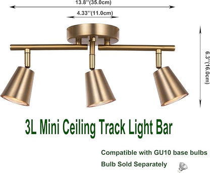 3 Light Track Lighting Kit, Matte Brass Finish Adjustable Flexibly Rotatable Light Head Modern Ceiling Spot Light for Kitchen,Bedroom,Living Room