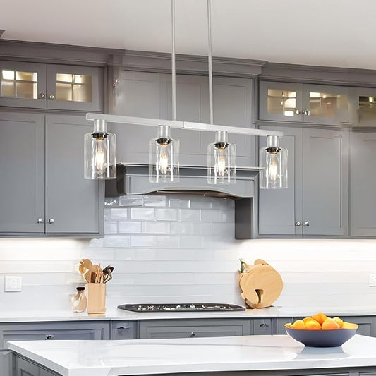 Brushed Nickel 4-Light Kitchen Island Lighting, Adjustable Island Lights for Kitchen with Clear Glass Shades - Kitchen Pendant Lighting over Sink, Farmhouse Chandelier for Dining Tables & Bars