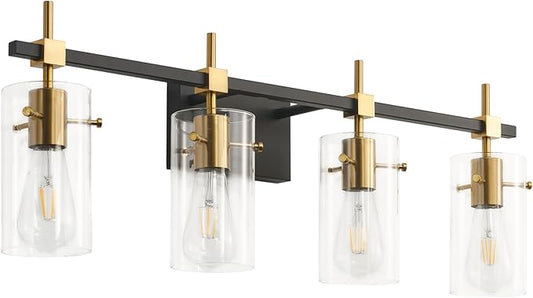 SOLFART Farmhouse Brass Bathroom Vanity Lights fixtures Over Mirror Vintage Bathroom Lighting Wall Sconce with Glass Shade 4 Lights