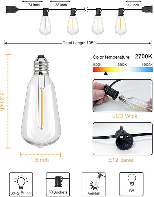 Jedavai Upgraded LED Outdoor String Lights 105Ft Shatterproof Waterproof ST38 Vintage Edison Bulbs Patio Lights Energy Saving Hanging Outdoor for Christmas Porch Deck Garden Backyard Wedding Party