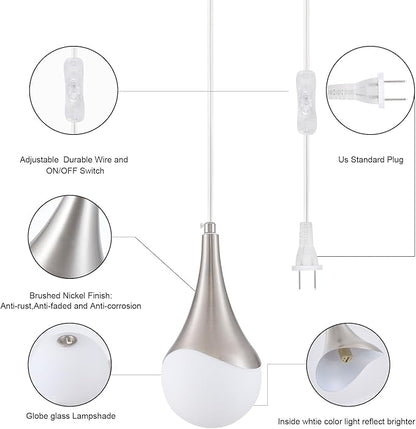 MWZ Brushed Nickel Plug in Pendant Light,Hanging Lights with On/Off Switch Cord,Mini Silver Pendant Lights for Kitchen Island,1-Light Modern Raindrop Chandelier Lamps with White Globe Glass Shade