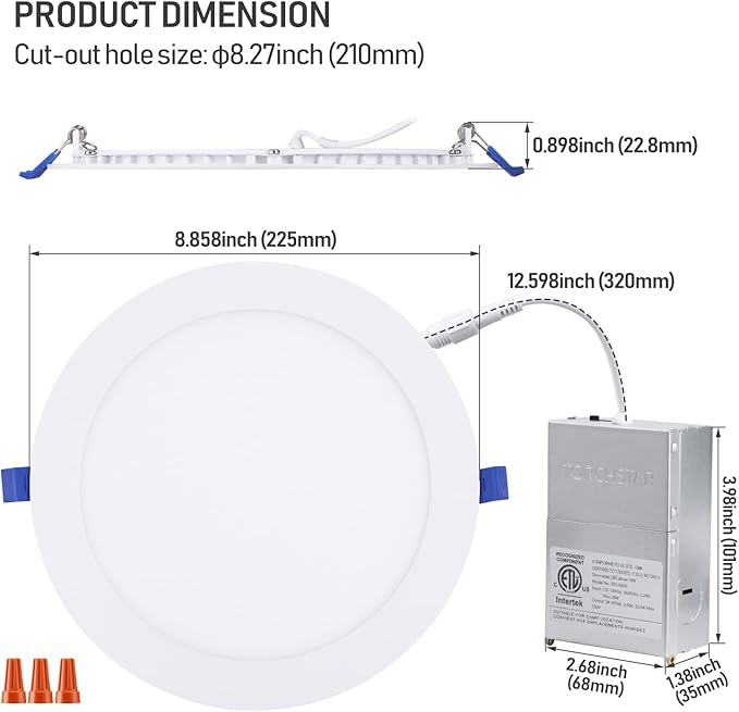 TORCHSTAR Premium Series 5CCT 8 Inch Ultra-Thin LED Recessed Ceiling Light with J-Box, 18W 5%-100% Dimmable Recessed Downlight, Aluminum, 5CCT Selectable, CRI90, ETL & ES Listed, White, Pack of 6