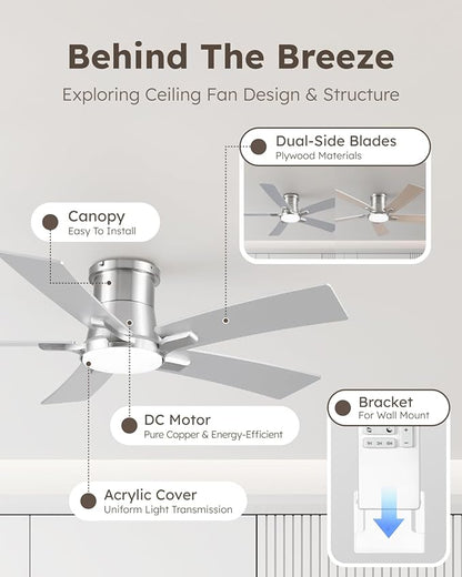 46 Inch Ceiling Fans with Lights and Remote, Nickel Low Profile Ceiling Fan, Flush Mount Style with 5 Blades, For Indoor Bedroom Living Room/Outdoor, 6 Speed Reversible DC Motor, 3CCT Dimmable LED
