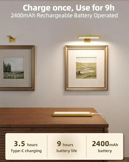 EZVALO Picture Light for Wall, Rechargeable 2400mAh Battery Lights Wireless with IR Remote, 3 Color & Dimmable Magnetic 7.87'' LED Lights Display for Painting, Living Room, Gallery, Bedroom(Gold-2P)