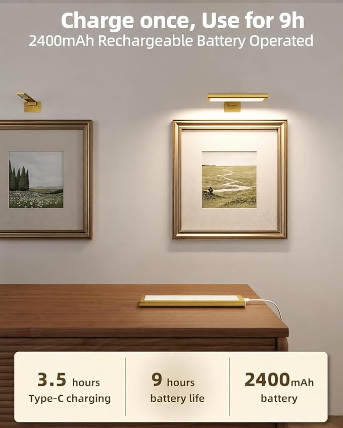 EZVALO Picture Light for Wall, Rechargeable 2400mAh Battery Lights Wireless with IR Remote, 3 Color & Dimmable Magnetic 7.87'' LED Lights Display for Painting, Living Room, Gallery, Bedroom(Gold-3P)