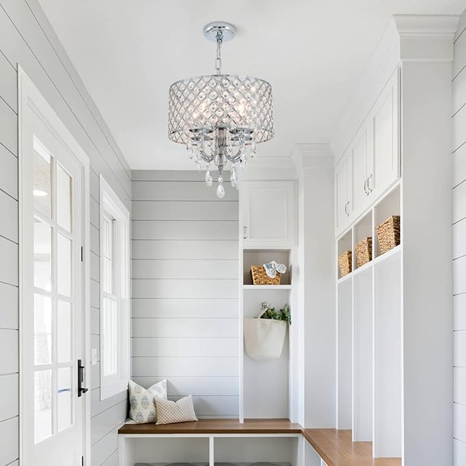 VILUXY Modern Crystal Chandelier Chrome French Country Pendant Light Small Hanging Ceiling Light Fixture Drum Shade for Bedroom, Kitchen Island, Girl Room, Dining Room 4-Light