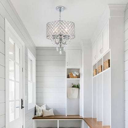 VILUXY Modern Crystal Chandelier Chrome French Country Pendant Light Small Hanging Ceiling Light Fixture Drum Shade for Bedroom, Kitchen Island, Girl Room, Dining Room 4-Light