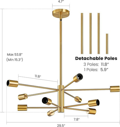 RUIYEY Modern Sputnik Chandeliers Light, 10-Light Gold Gold Dining Room Chandelier Over Table, Height Adjustable Industrial Semi Flush Mount Mid Century Chandelier for Kitchen Island Living Room