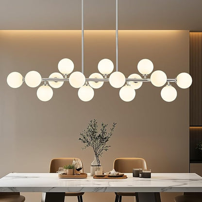 55" Long Chandeliers for Dining Room Kitchen Island, Large Globe Sputnik Linear Chandelier, 16 Lights Mid Century Modern Light Fixture Over Table, Chrome and Milk White Bubble, GC-08
