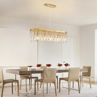 Siljoy Rectangular Gold Crystal Chandelier for Dining Room, 10-Light Modern Oval K9 Crystal Raindrop Chandelier Luxury Crystal Island Light for Living Room Kitchen Bar L40'' x W11'' x H10.6''