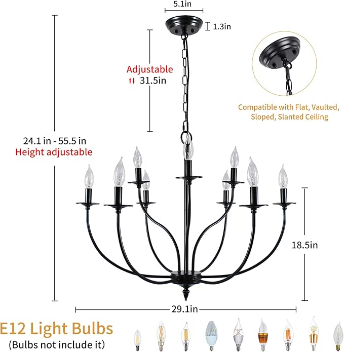 Black Chandelier, 9 Light Industrial Iron Farmhouse Chandeliers, 2-Tier Candle French Country Chandelier for Living Room Dining Room Bedroom Foyer