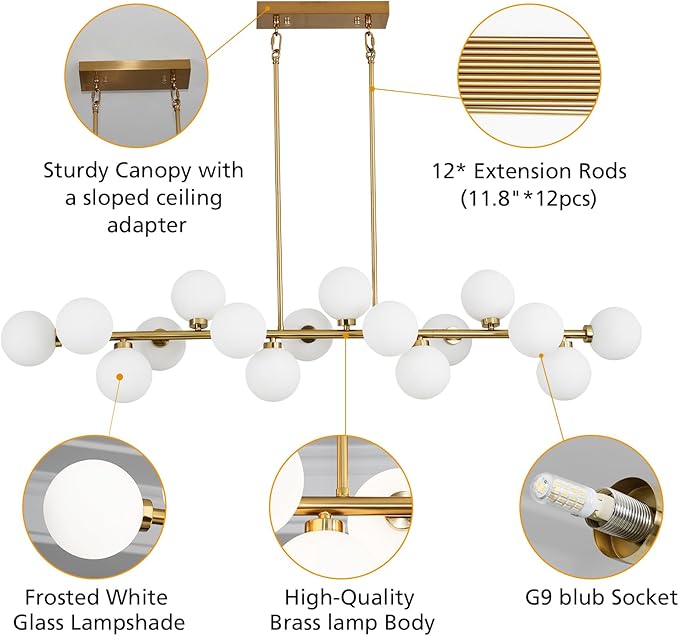 55" Brass Linear Chandelier, 16 Lights Mid Century Modern Sputnik Chandelier, Large Pendant Lights Kitchen Island with White Glass Lampshade, Bubble Chandelier for Kitchen Over Table - Gold