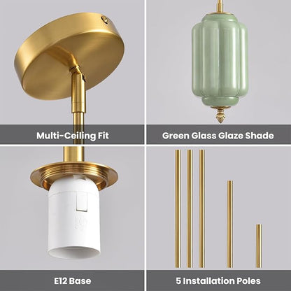 Vintage Green Glass Pendant Lights 5.5 Inch Mid Century Brass Hanging Ceiling Light, Small Adjustable Height Kitchen Island Hanging Lights for Dining Room, Kitchen, Hallway and Bedroom, E12 Base