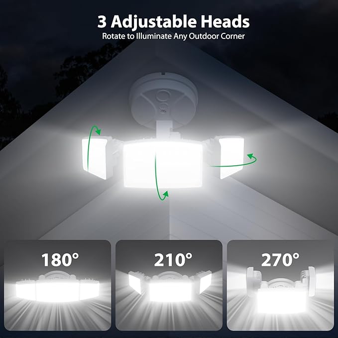 iMaihom 65W 6500LM LED Outdoor Flood Light, Switch Controlled Outdoor Security Light, 3 Adjustable Heads, IP65 Waterproof, 6500K Daylight White, Hardwired Wall Mount Light for Garage Yard Patio, White