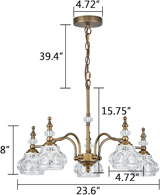 Vintage 5 Lights Gold Glass Pendant Lighting Rustic Style Chandelier Matte Brushed Antique Brass Finish with Crystal Glass Shade for Kitchen Island