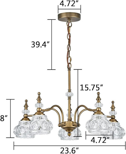 Vintage 5 Lights Gold Glass Pendant Lighting Rustic Style Chandelier Matte Brushed Antique Brass Finish with Crystal Glass Shade for Kitchen Island