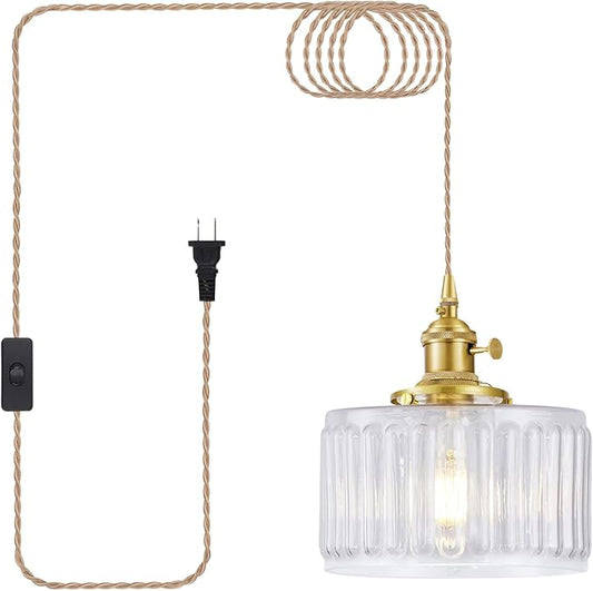 Plug in Pendant Light, Hanging Lights with Plug in Cord, Hanging Light Fixture with Clear Glass, E26 Pendant Lighting for Kitchen Island, Bedroom, Living Room-Transparent Color