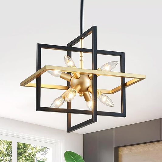 XINGQI Modern Geometric Pendant Lighting 8-Light Black and Gold Farmhouse Chandelier Ceiling Light Fixtures for Dining Room Living Room Kitchen Island Bedroom Hallway