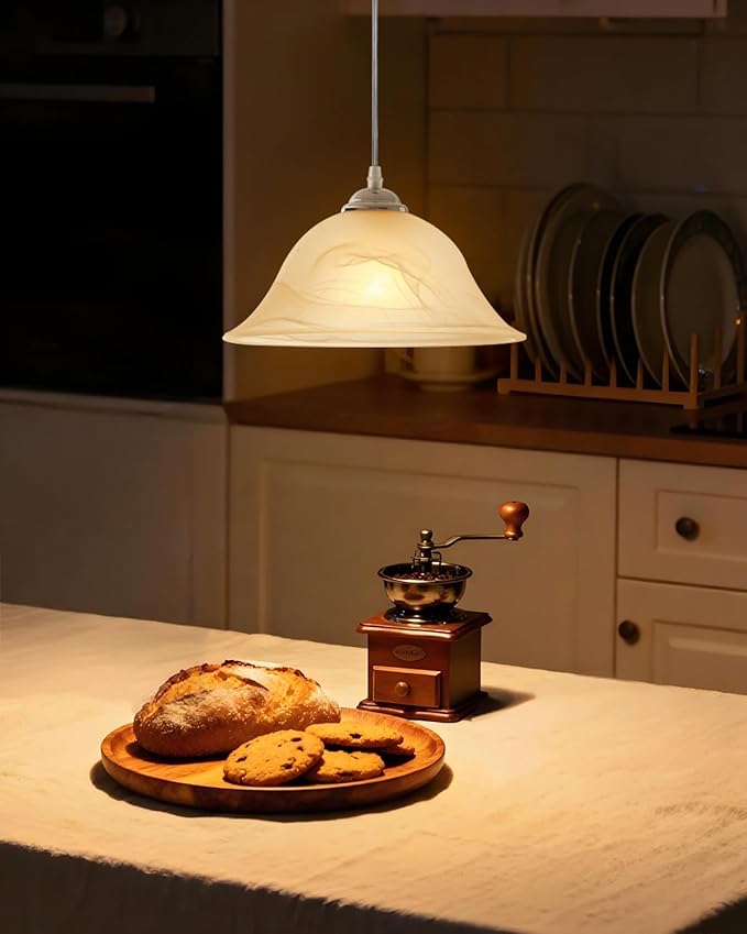 Chrome Pendant Lights Kitchen Island, 11.8 Inch Vintage Alabaster Glass Pendant Lights, White Farmhouse Pendant Light 2 Pack, Glass Pendant Light for Dinning Room, Living Room，Bedroom