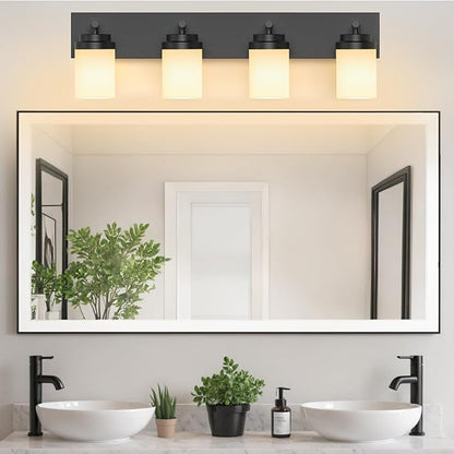 IZORRO Bathroom Vanity Light Fixture, 4-Light 30 Inch Matte Black Bathroom Light Fixtures Over Mirror, with White Glass Shade, Modern Farmhouse Vanity Lights, Rustic Restroom Lighting Fixtures