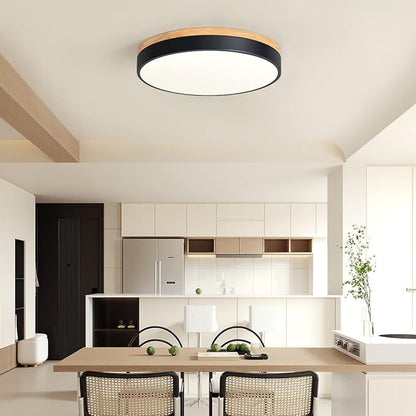 Modern Wood Flush Mount Ceiling Light, Black LED 5CCT 2700K-6000K Dimmable Ceiling Light Fixtures, Round Close to Lighting Fixture for Kitchen Living Room Dining Room Bedroom-15.8in