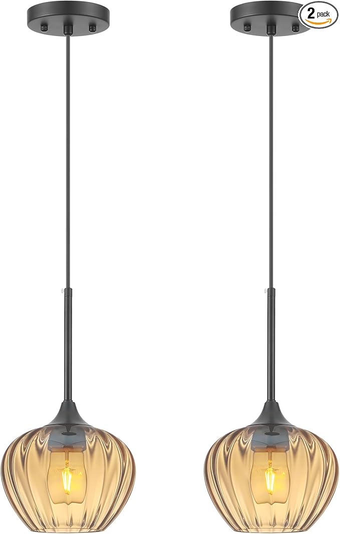 2-Pack Amber Pendant Lights for Kitchen Island, 7" Vintage Glass Pendant Lighting Mini Light Fixtures Adjustable Hanging Light for Kitchen, Dining Room, Bar, Bathroom