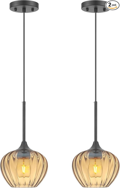 2-Pack Amber Pendant Lights for Kitchen Island, 7" Vintage Glass Pendant Lighting Mini Light Fixtures Adjustable Hanging Light for Kitchen, Dining Room, Bar, Bathroom