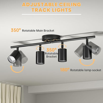 LED 4 Light Track Lighting Kit, Black Ceiling Spotlights, Modern Track Light Fixture with Flexibly Rotatable Light Heads for Kitchen, Living Room, Bedroom, Includes 4 x GU10 Bulb