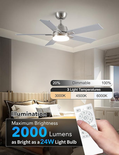 Rayqueen 42 Inch Ceiling Fans with Lights and Remote, 6 Speed Reversible DC Motor, 3CCT Dimmable LED, Modern Brushed Nickel Ceiling Fan for Bedroom, Living room & Covered Outdoor,Includes Downrod