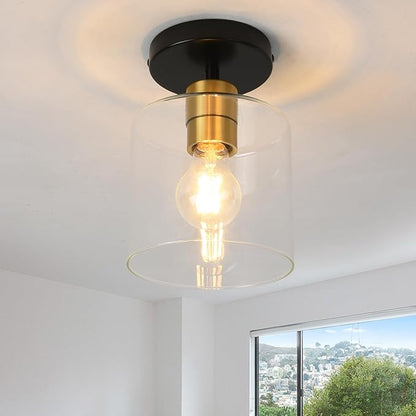 Black Brass Semi Flush Mount Ceiling Light,Modern Farmhouse Ceiling Light Fixture for Closet Entryway,Hallway Light Fixture 5.9in Clear Glass Shade 2 Pack