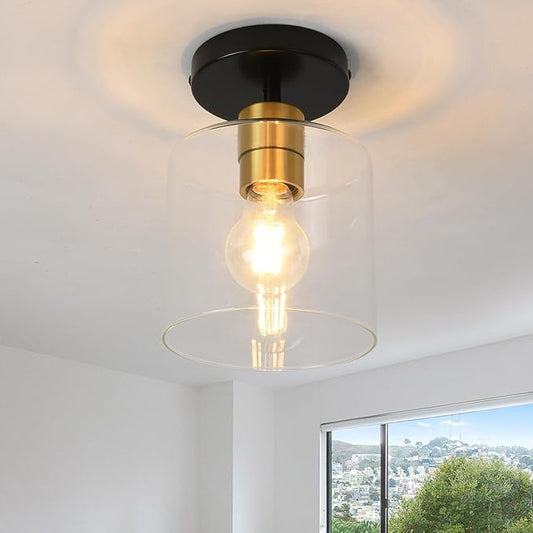 Black Brass Semi Flush Mount Ceiling Light,Modern Farmhouse Ceiling Light Fixture for Closet Entryway,Hallway Light Fixture 5.9in Clear Glass Shade 1 Pack