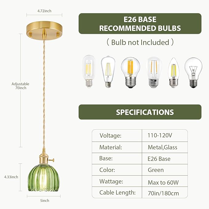 Mini Pendant Lights Kitchen Island 3 Pack, Small Adjustable Pendant Light Fixture with Green Tulip Glass Lampshade, Vintage Gold Pendant Lighting, Pendant Light for Bedroom Dining Room Hallway